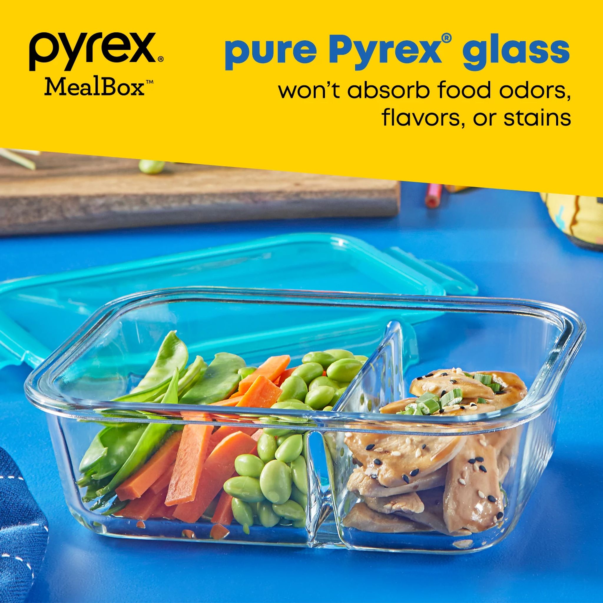 Pyrex® MealBox™ 2.3-cup Divided Glass Food Storage Container with Turquoise Lid - Image 6