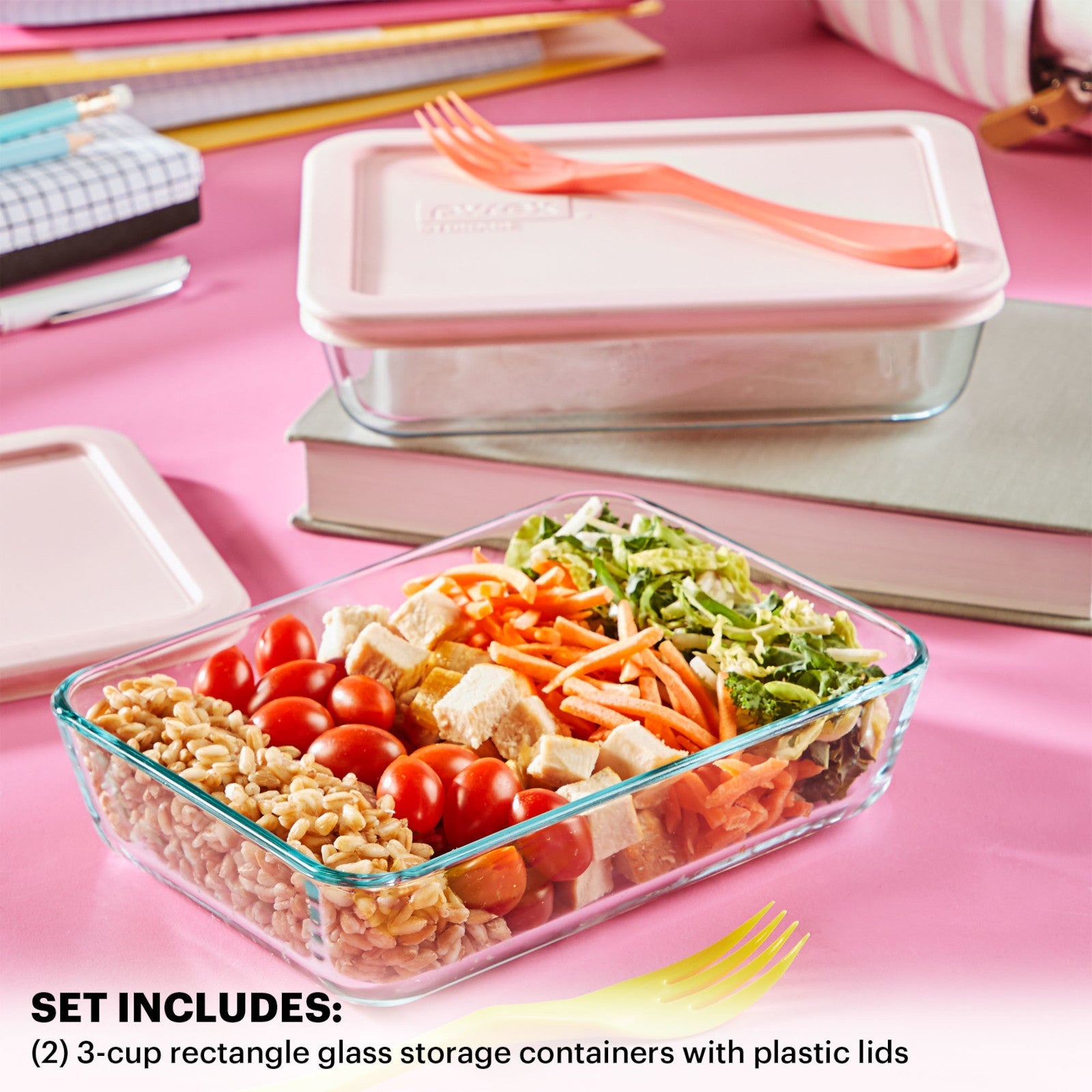 Pyrex® Simply Store® 4-piece 3-cup Rectangle Glass Storage Set with Pink Lids - Image 3