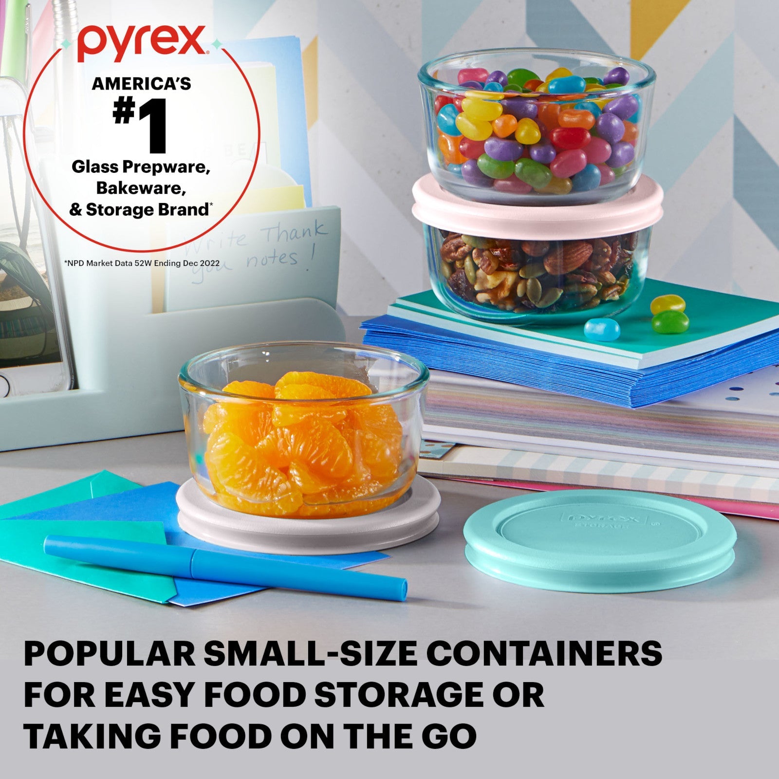 Pyrex® Simply Store® 6-piece 1-cup Round Glass Storage Set with Assorted Color Lids - Image 2