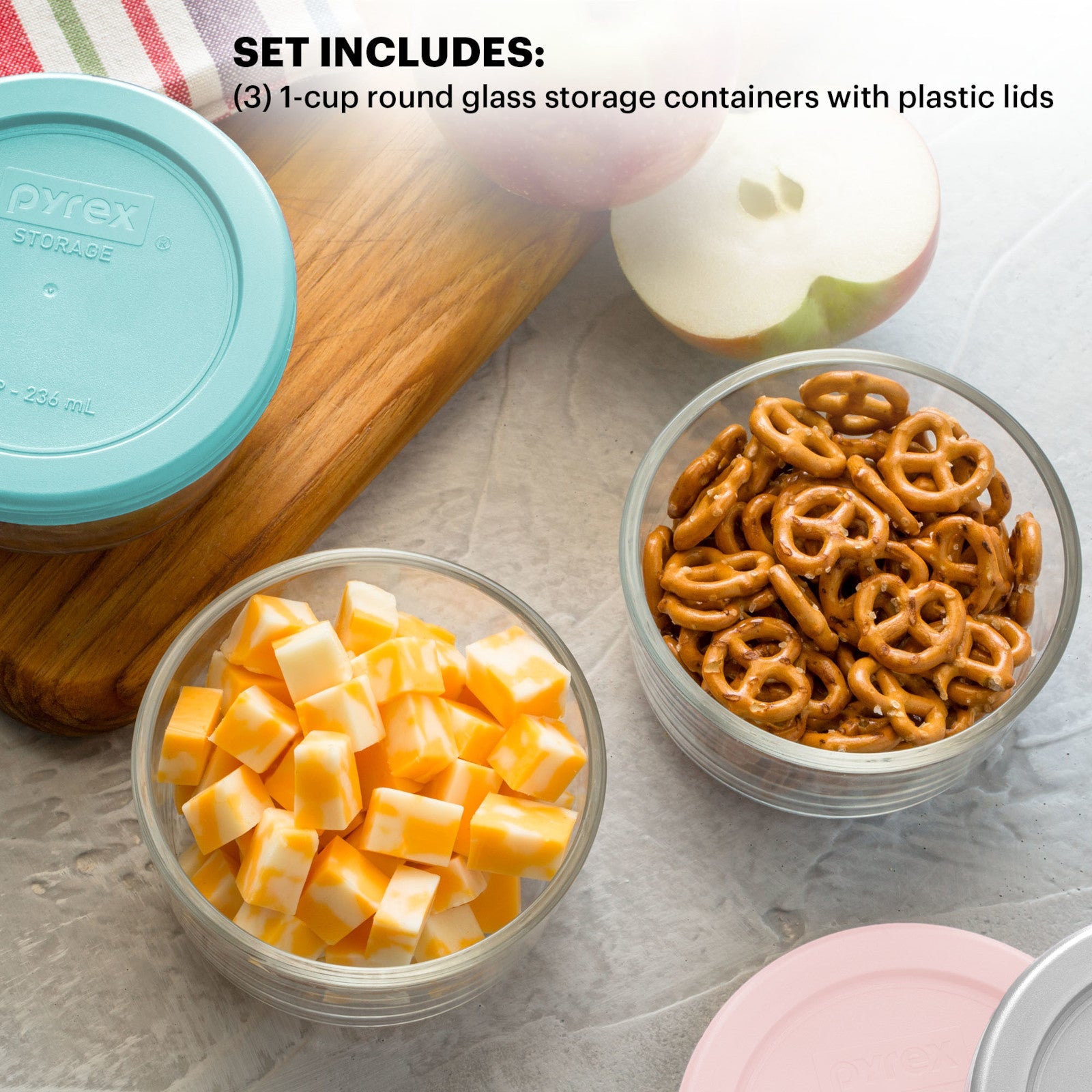 Pyrex® Simply Store® 6-piece 1-cup Round Glass Storage Set with Assorted Color Lids - Image 3